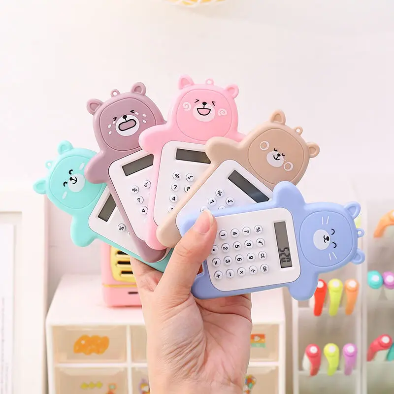 Mini Cartoon Bear Calculator 8 Digit Display Pocket Size Battery Powered Electronic Calculator Mathematics Cute School Supplies
