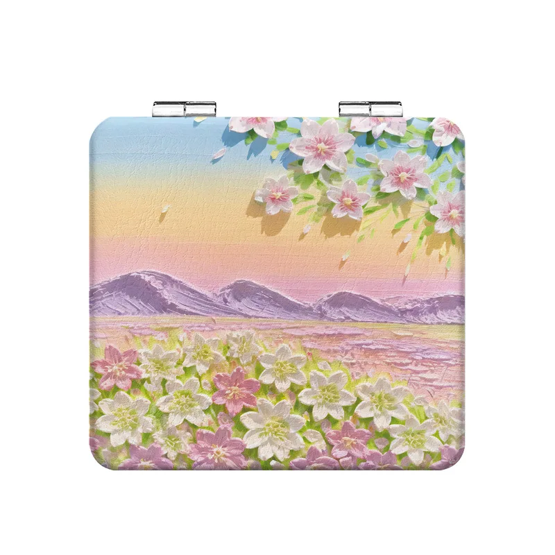 New Custom Logo Personalized Beauty Girl And Flower Square Travel Pocket Portable Cosmetic PU Makeup Mirror