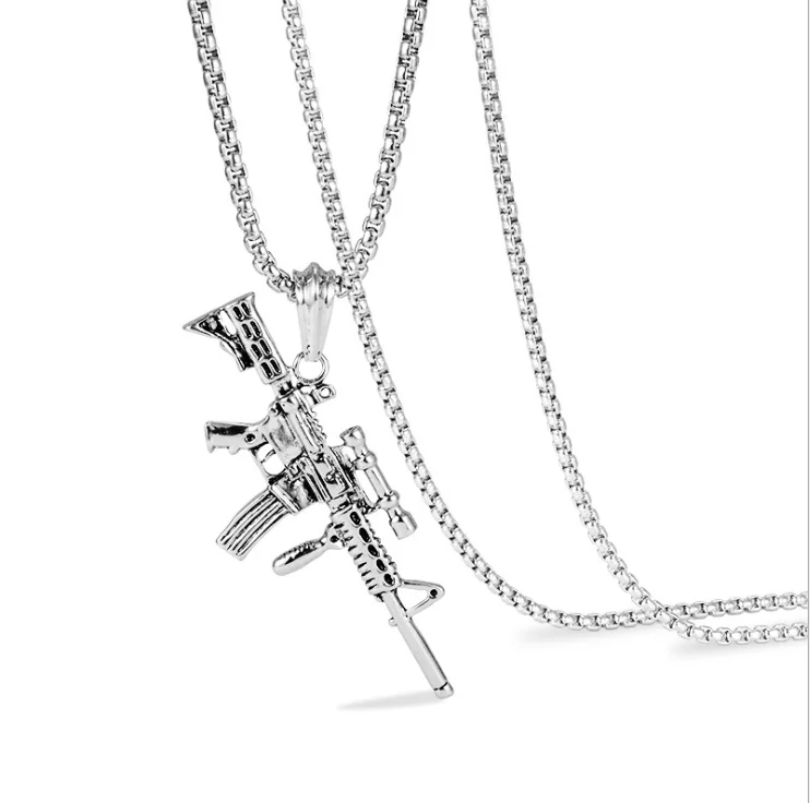 European and American fashion eating chicken rifle personality hip hop punk titanium steel necklace hiphop gun necklaessories
