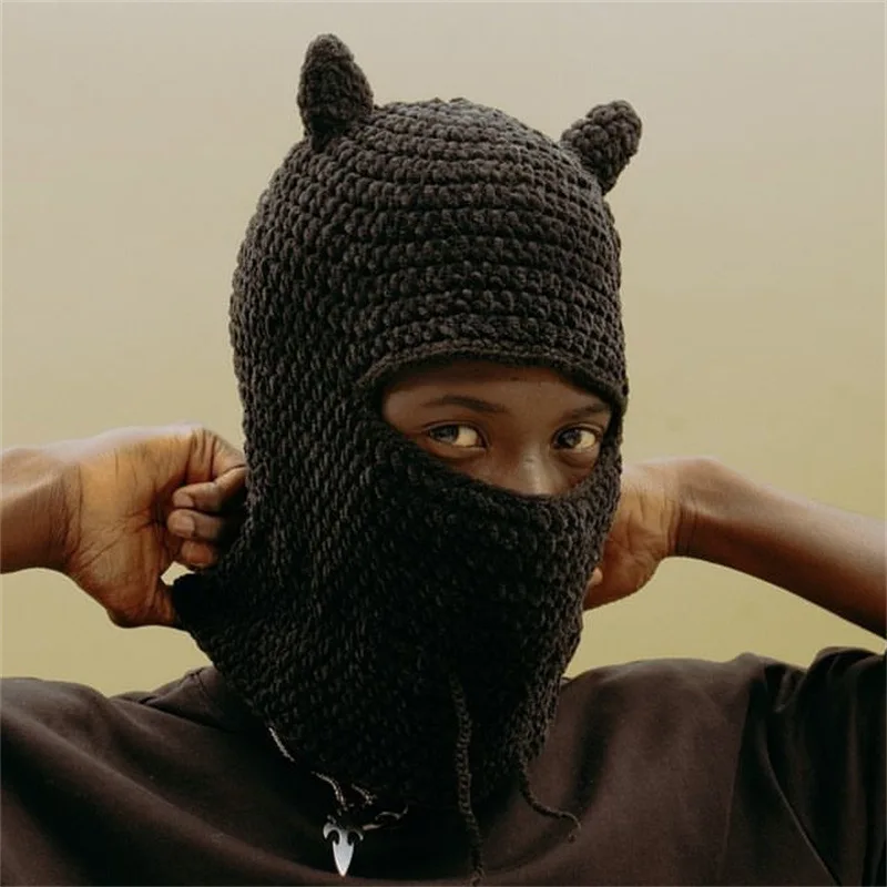 New handmade crocheted street style cat ears headgear models neck protection universal adult cap