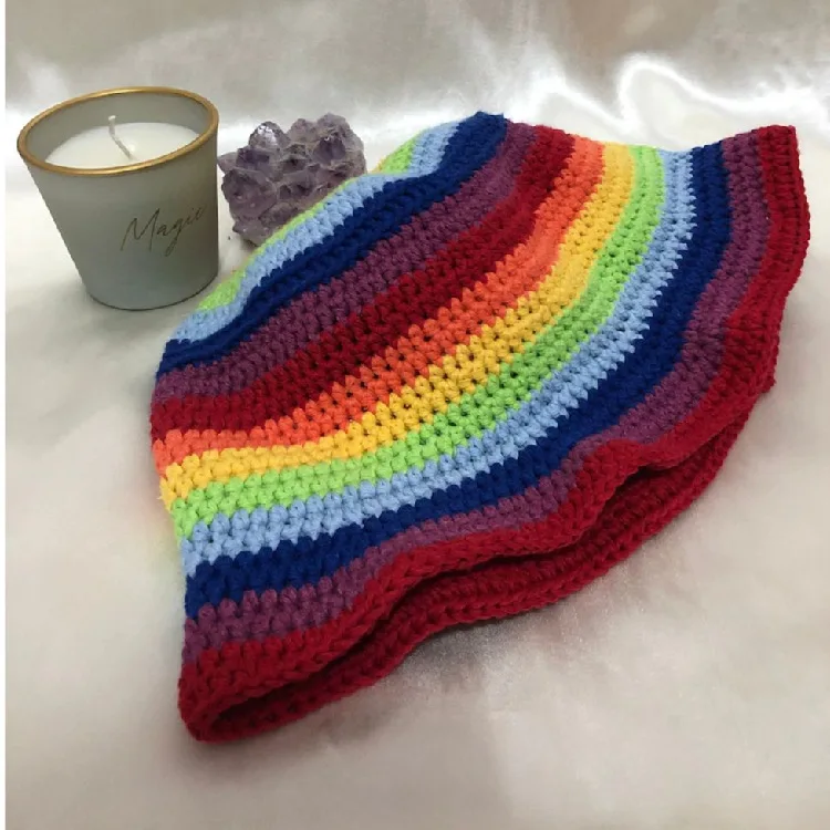 New Striped Rainbow Knitted Woolen Fishing Cap Autumn Winter Retro Ruffled Warm Bucket Hat