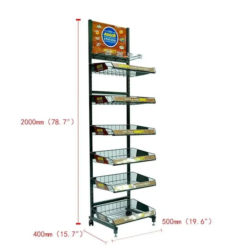 Customized Supermarket Store Wire Snacks Potato Chip Chocolate Grocery Food Biscuit Beef Jerky Stand Metal Shelf Display Rack