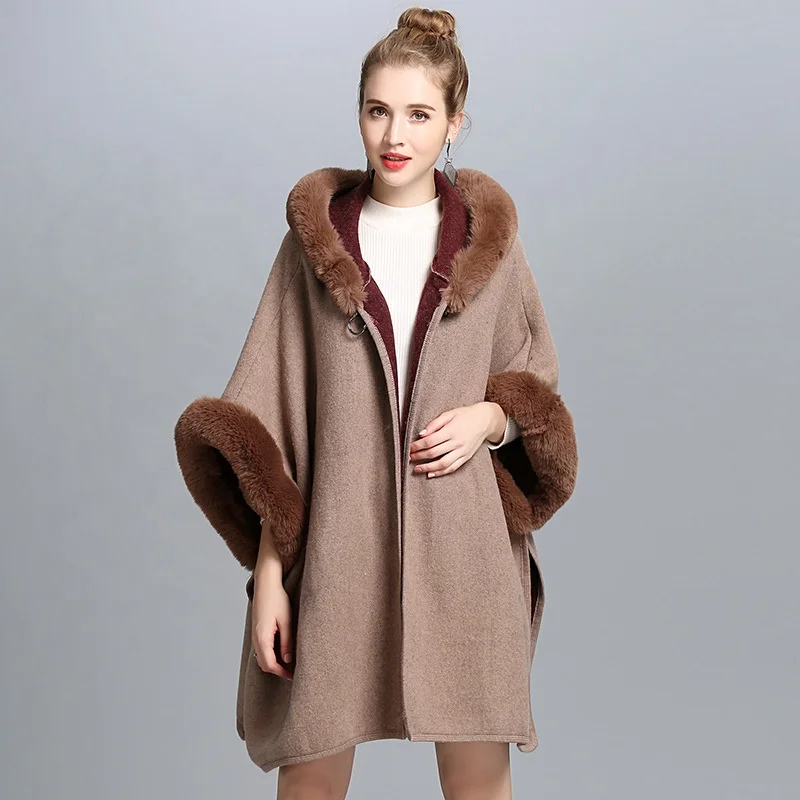 
Luxury Italy Loose Poncho Women Double Face Wool Shawl Woolen Large Custom Fox Fur Collar Winter Coat Cape Hooded 