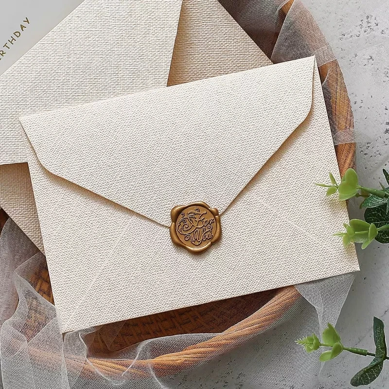 11*16.5cm linen textured paper high quality decent wedding invitation greeting envelope card with wax seal