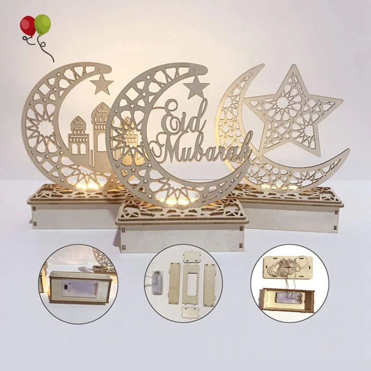 Wooden Ramadan Eid Mubarak Moon Star Islam Hanging Pendant Plate with LED String Lights Eid Mubarak Wooden Ornaments KD750
