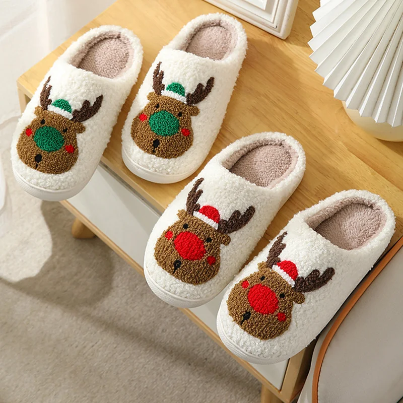 Christmas  Halloween Custom Printed Logo Cartoon Slippers Fall Winter Thicken Indoor Home Plush Fuzzy Slippers Smile Face