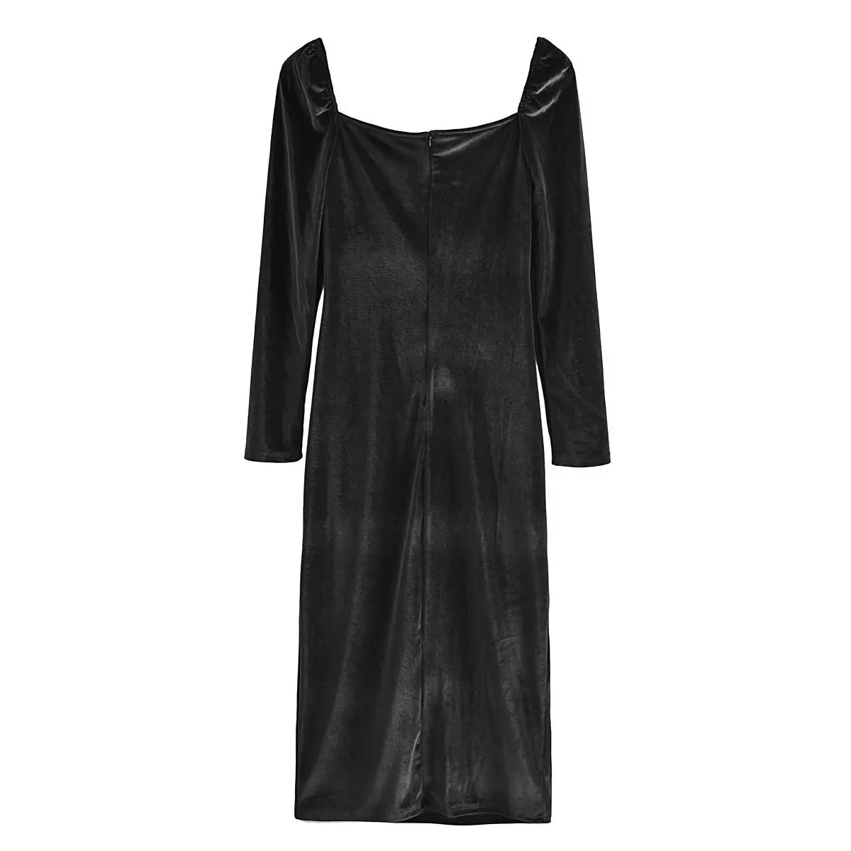 PB&ZA2022 French Retro Black Square Neck Chest Cutout Design Mid-Length Velvet Long Sleeve Dress