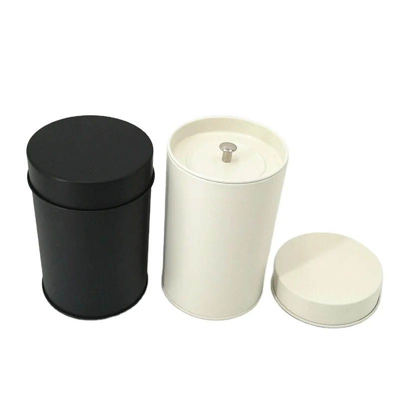 Round tea tin box with inner lid  black and white color