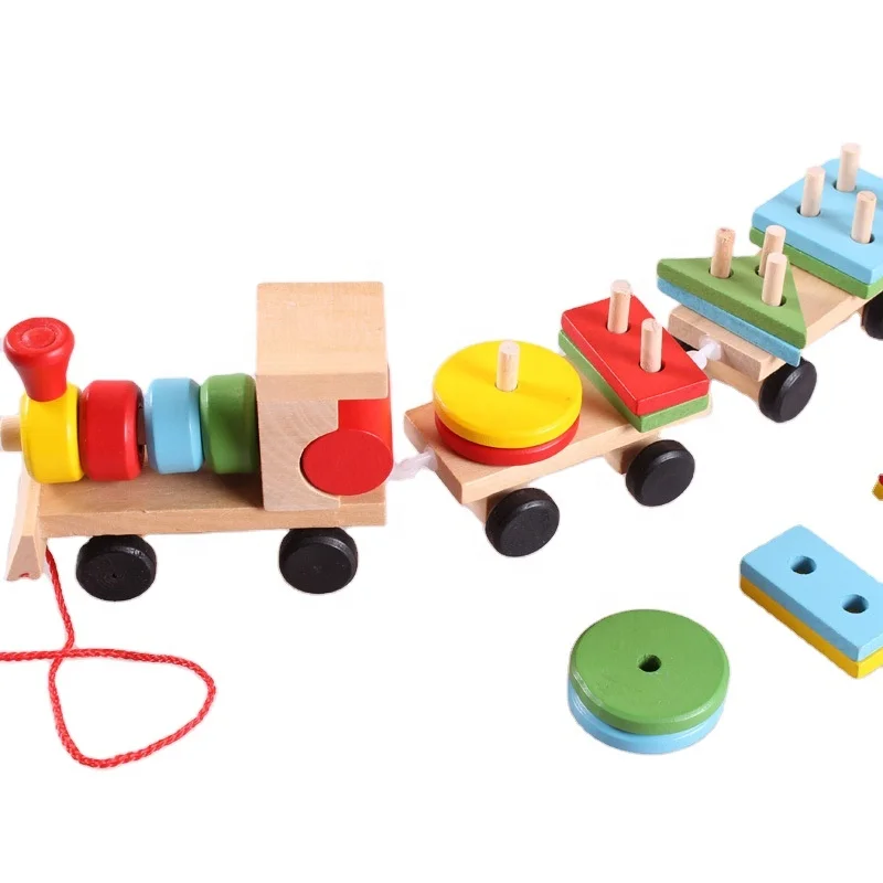 Wooden Block Train Toy Set Wheels For Kids Railway Track Vehicle Recognition