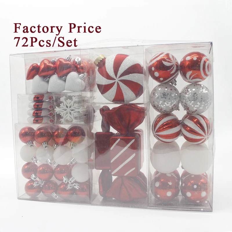 SENMASINE 72PCS White Red Candy Snowflake Heart Shaped Hanging Ornament Crutch Decoration Shatterproof Plastic Christmas Balls