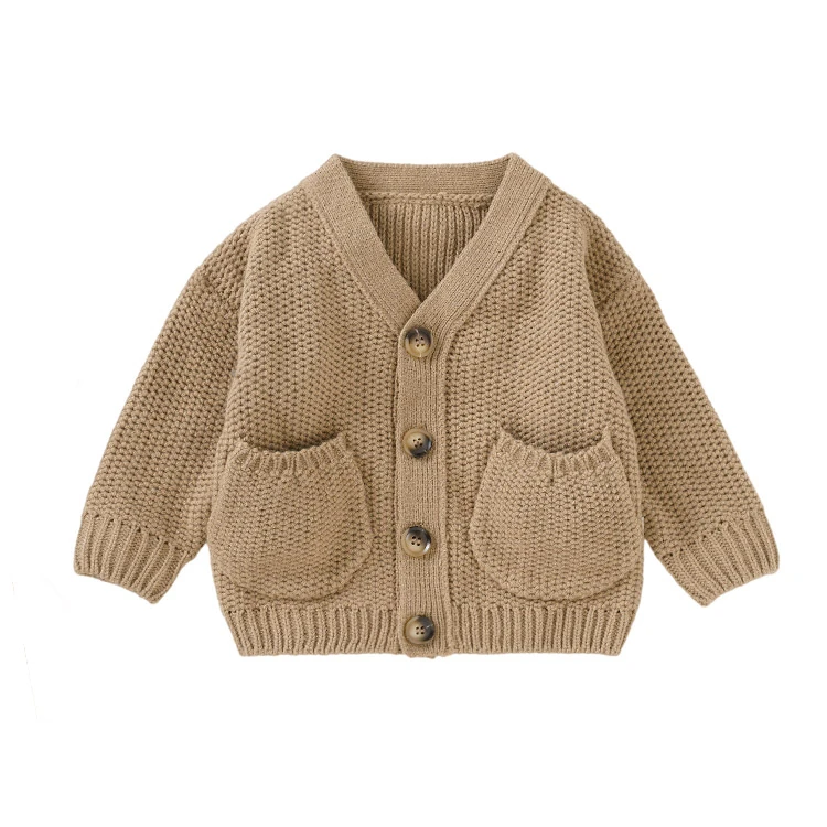 
2021 autumn and winter unisex baby knitted cardigan V neck sweater baby sweater with pockets 