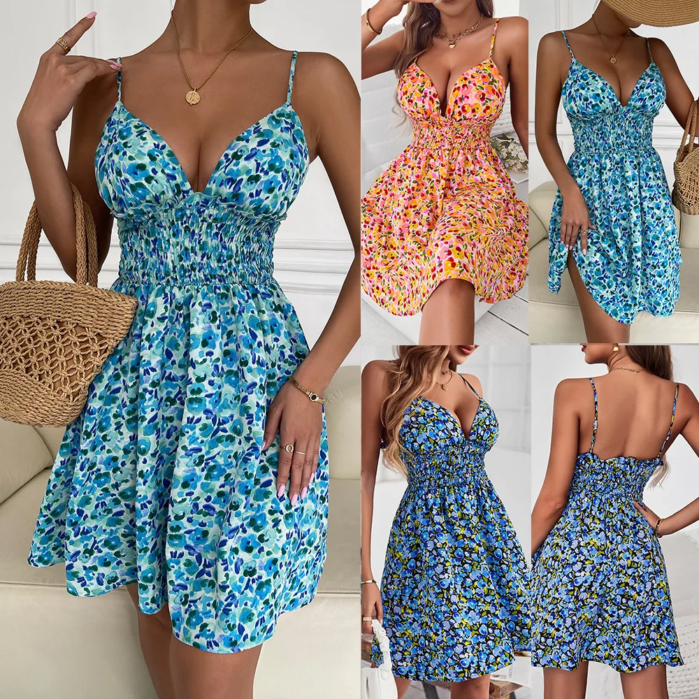 Designer Flower Dresses Ladies 2022 Summer Sling A Line Short Skirt Women Elegant Casual Sundresses