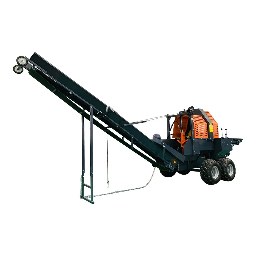 Gasoline powered firewood processor with joystick controls the feeding, sawing, and splitting of logs