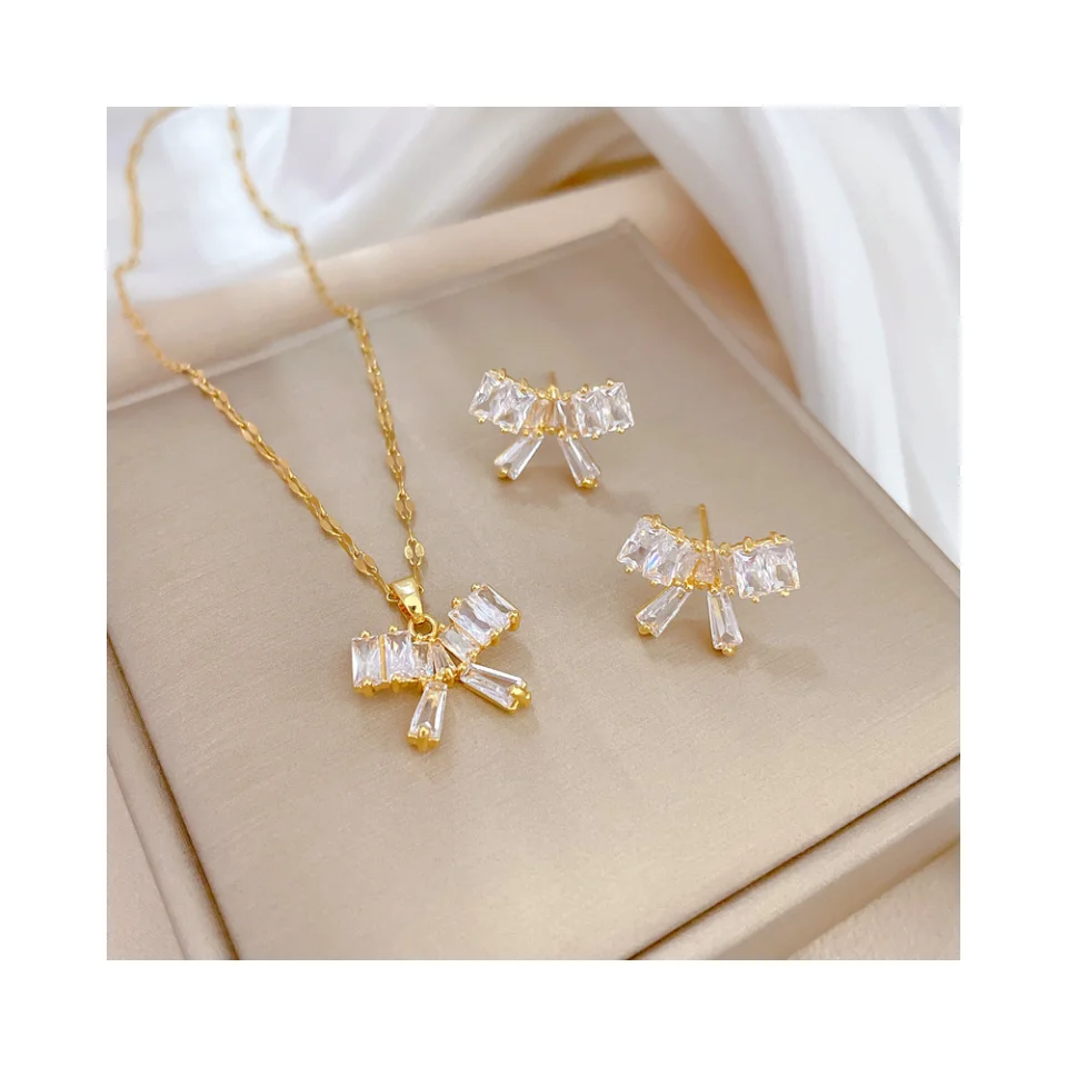 Titanium steel necklace earrings set Light luxury full diamond bow earrings collar combination fashion accessories jewelry set