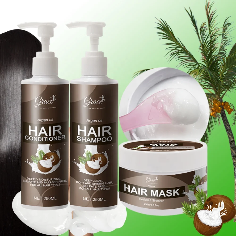Private label Hair Smooth Silky Deep Nourish Strengthen Broken Hair coconut Argan Oil Wig Care Hair Masque Conditioner Shampoo