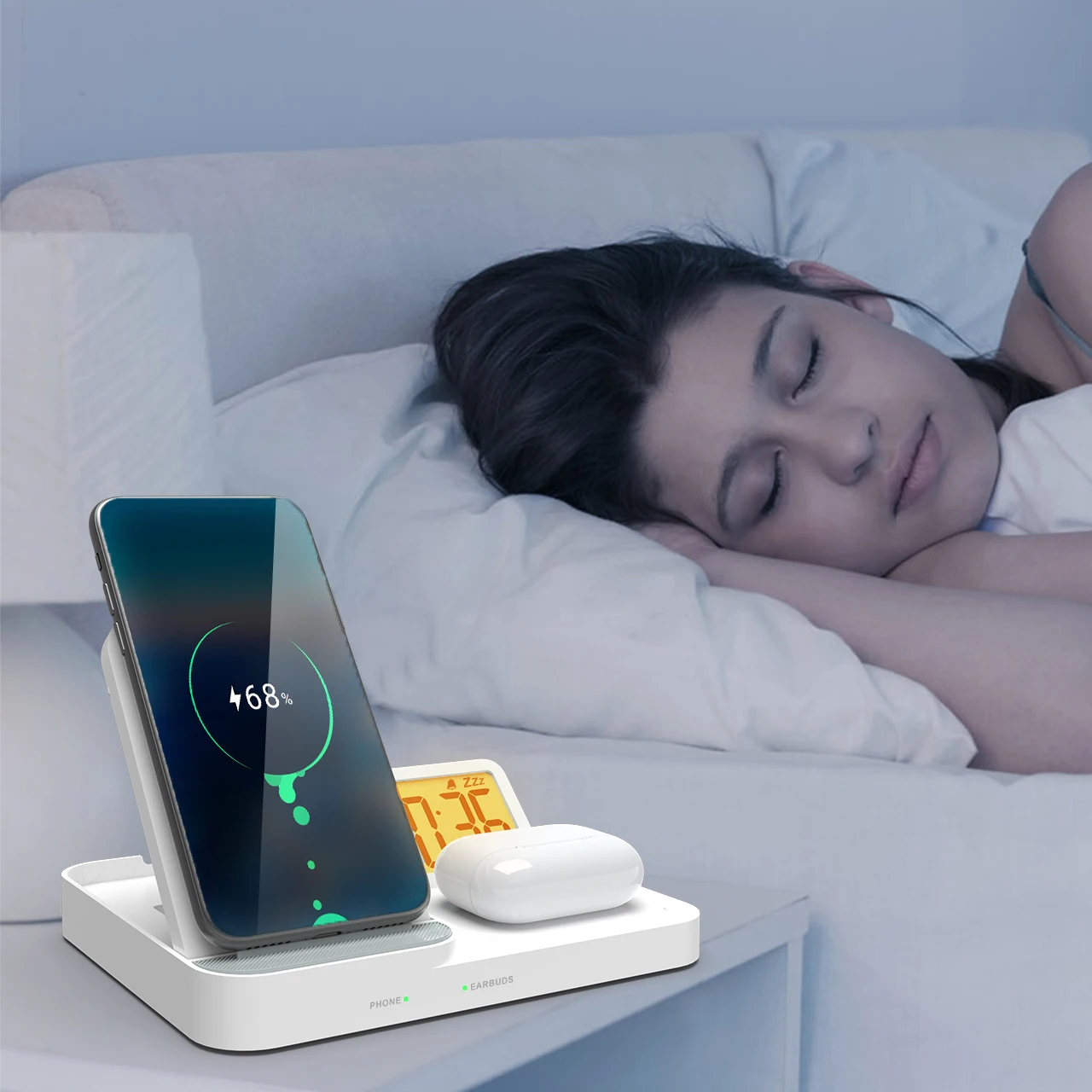 2021 New Products Hot Selling on Amazon 3 in 1 Fast Qi Wireless Charger with LED Digital Display Alarm Clock Wireless Charger