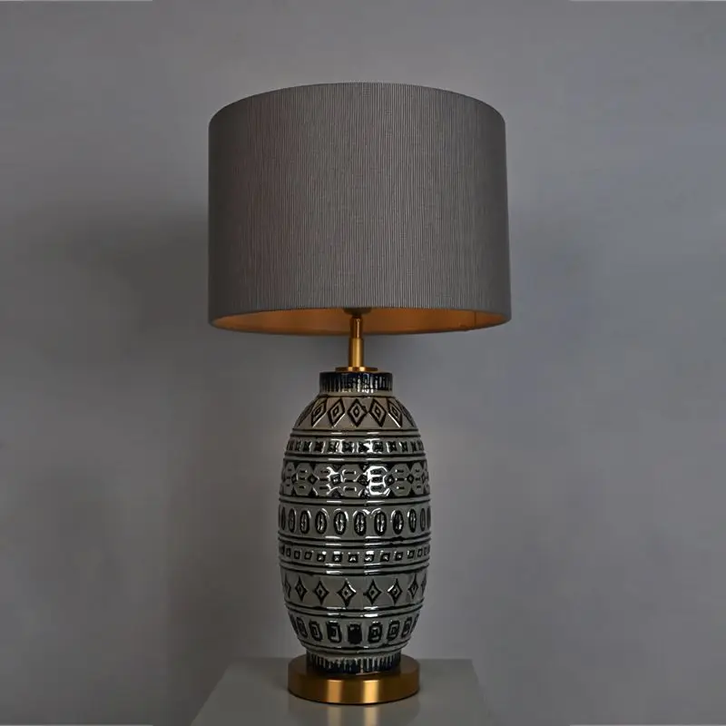 Wabi-sabi Porcelain Ware Pottery Moulded Peacock Blue Relief Retro Table Lamp For Living Room Decorative
