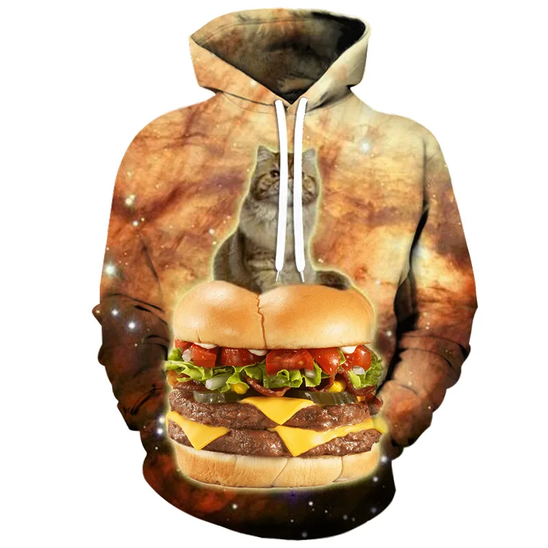xu men plus size  fleeced  hamburger cat  3d print  hoodies man women cat 3D print hoodies baseball shirt