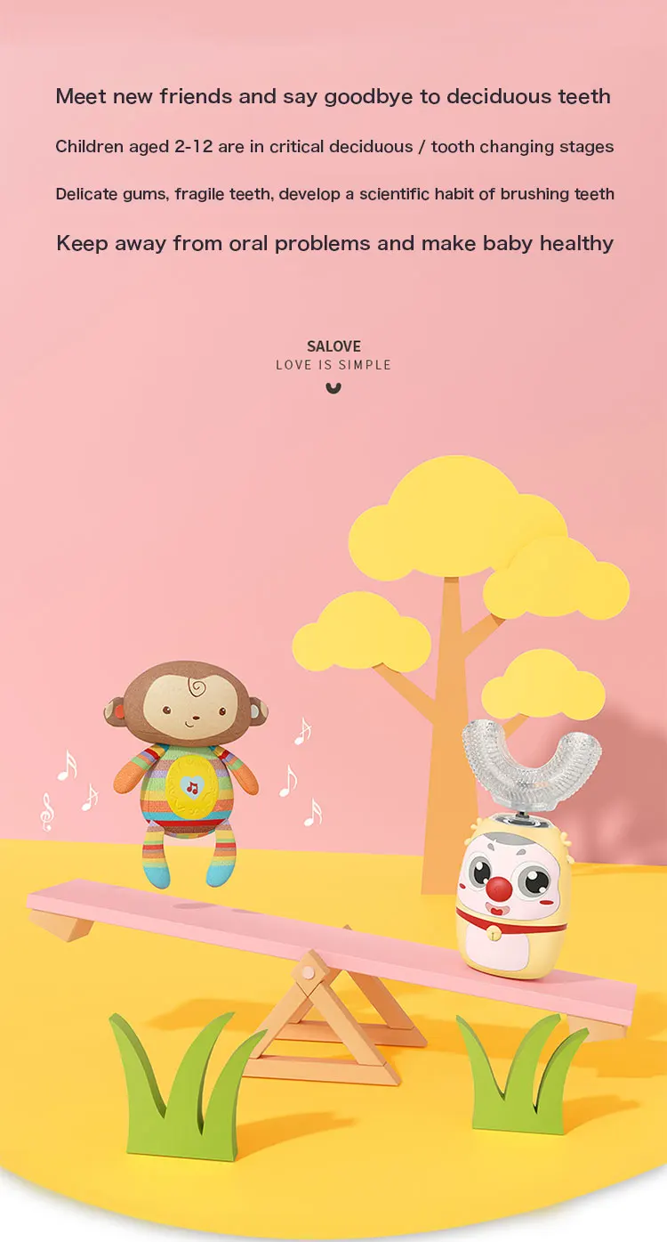 Cute mini U Shape 360 degree wapiti cartoon Toothbrush for Kids Ultrasonic U brush Gum Massage Tooth Care