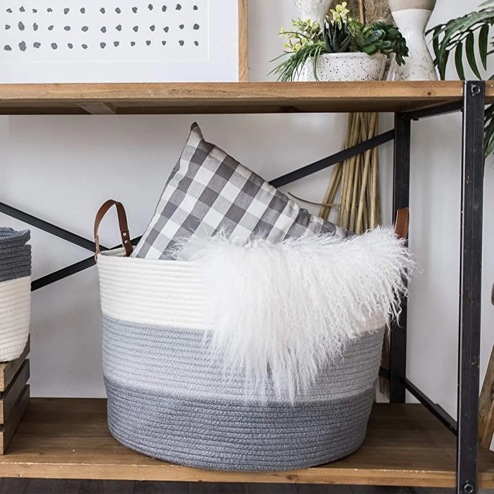 Multi Purpose Large Blanket Basket Living Room Cotton Rope Basket with Real Leather Handles Large Baskets for Blankets Storage