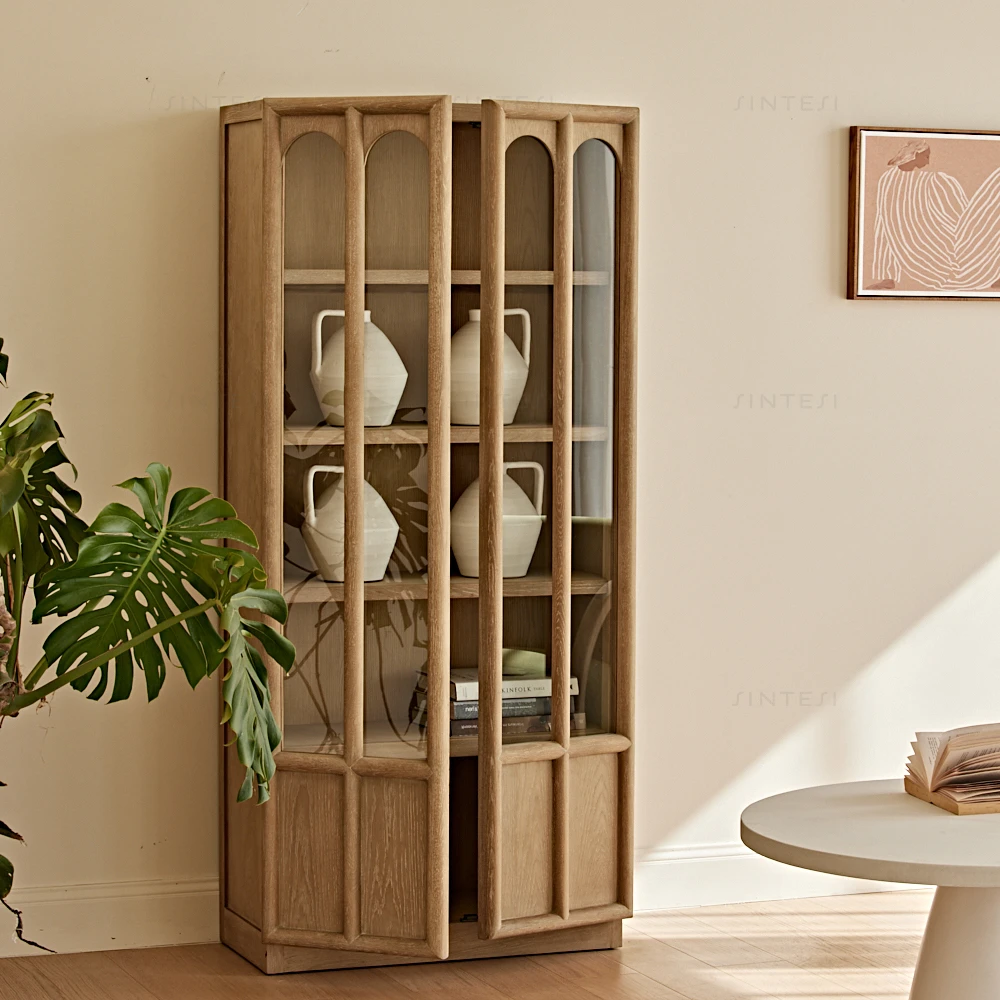 Modern Vintage Japanese Farmhouse Furniture Glass Oak Wood Display Cabinet for Living Room and Dining Room Furniture