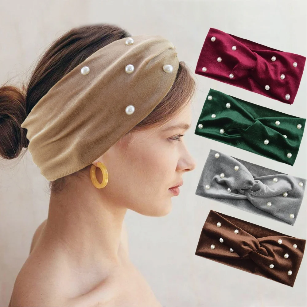 2023 Pearl Velvet Cross Warm Ear Protection Yoga Hair Accessories Face Wide Headband