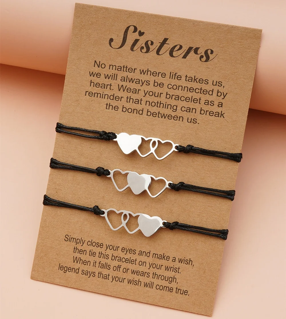 SEPT Hot Selling Sisters Bracelet Set 3PCS Stainless Steel Heart Charm Pulseira Bracelet With Wish Card Love Jewelry