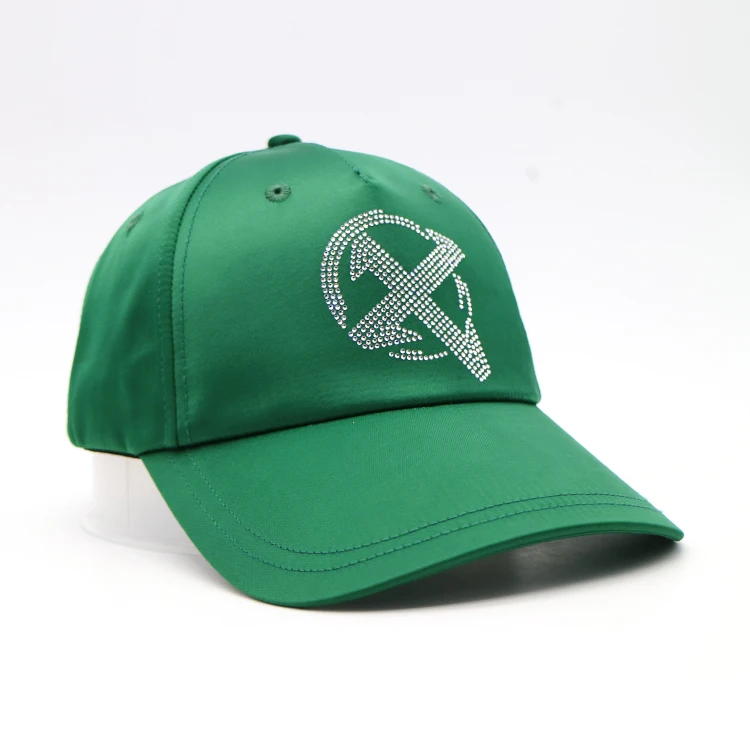 6 panel green satin baseball cap hat with rain stone logo