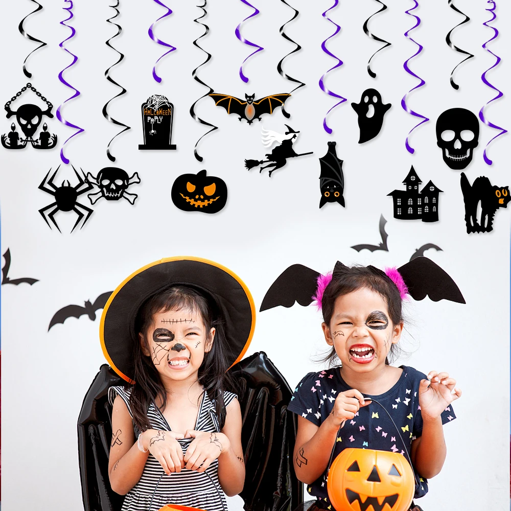 2022 Halloween Banner Party Decoration Cute Halloween Garland Banner with Foil Swirl Ceiling Hanging Cards Bat Spider sticker