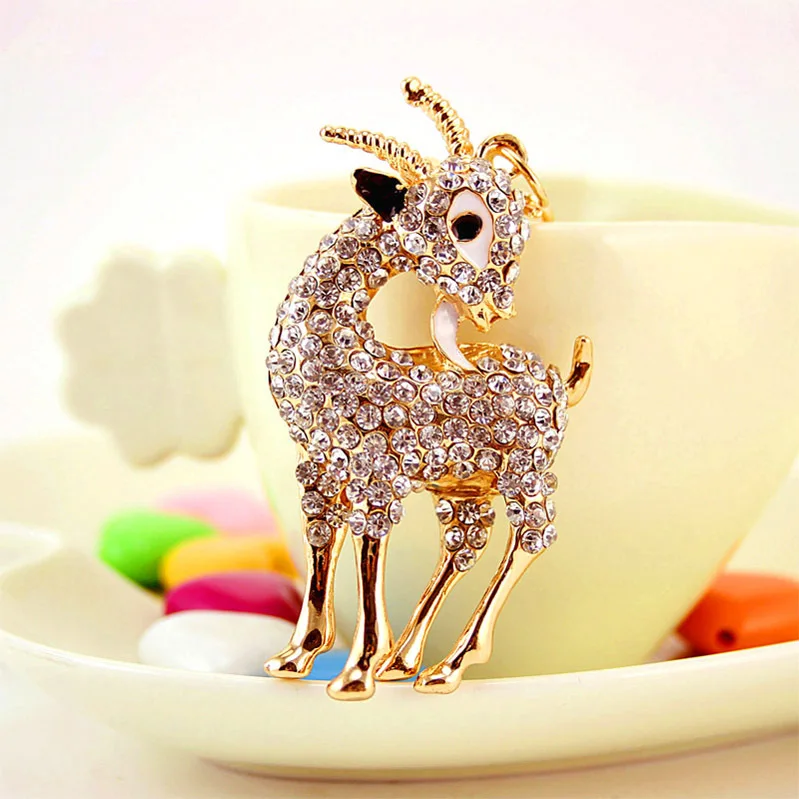 Environmental Protection Metal Zinc Alloy Gold Plated Animal Goat Sheep Pendant Crystal KeyChain For Girl