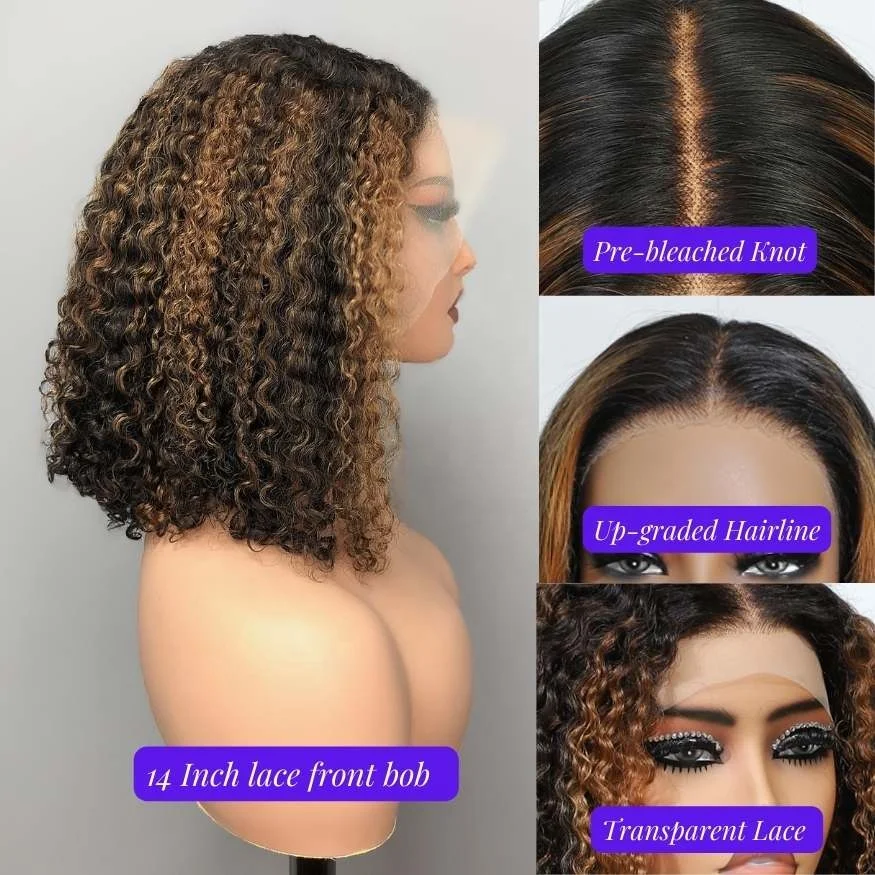 Wholesale Raw Indian Hair 13x4 Bob Lace Frontal Wig,14 Inch Highlight Brown Color Curly Short Bob Wigs For Black Women