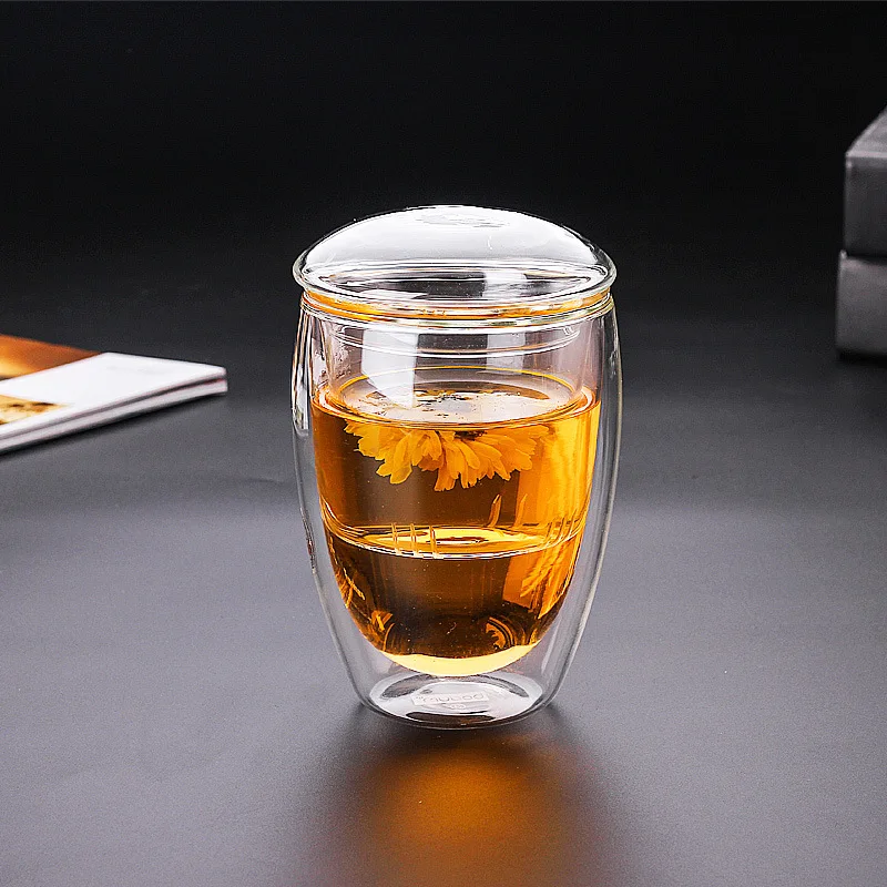 Amazon hot sale 350ml /450ml heat resistant double wall glass tea cup mug with glass filter/strainer and lid