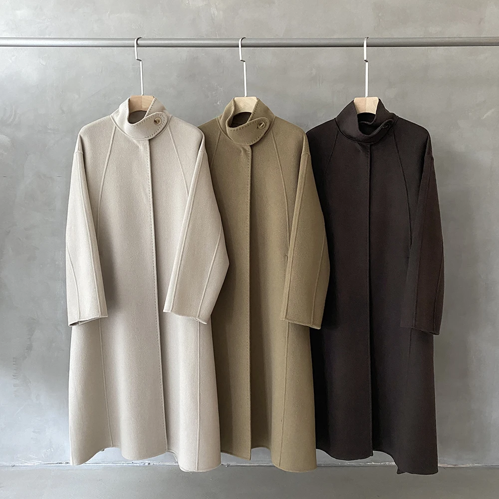 premium workmanship office lady luxury long camel beige double sided 100% wool trench coat for women