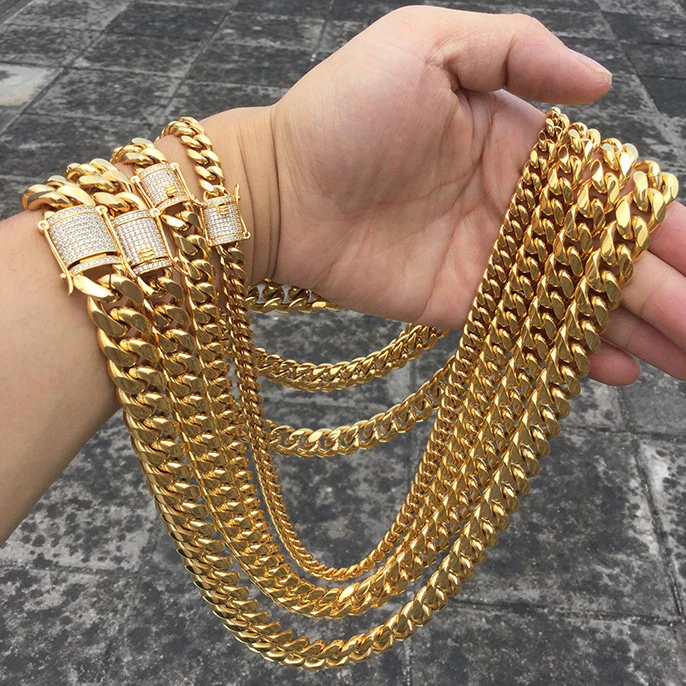 Wholesale New Heavy Cuban Link Pvd 14k Real Gold Hip Hop Cuban Link Chain Necklace