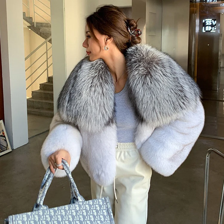 Top quality women warm fox fur collar coat blue fox natural color real fox fur coats