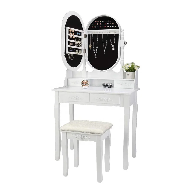 Makeup Dressing Table with Jewelry Organized Cabinet and Cushioned Vanity Stool