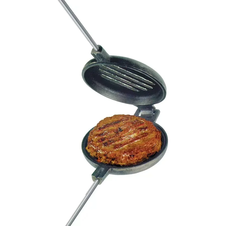 Cast Iron Round Patty and Jaffle Iron Burger Waffle Pie Maker with Long Wood Handle  Bread Tongs Outdoor Bakeware Camp toaster