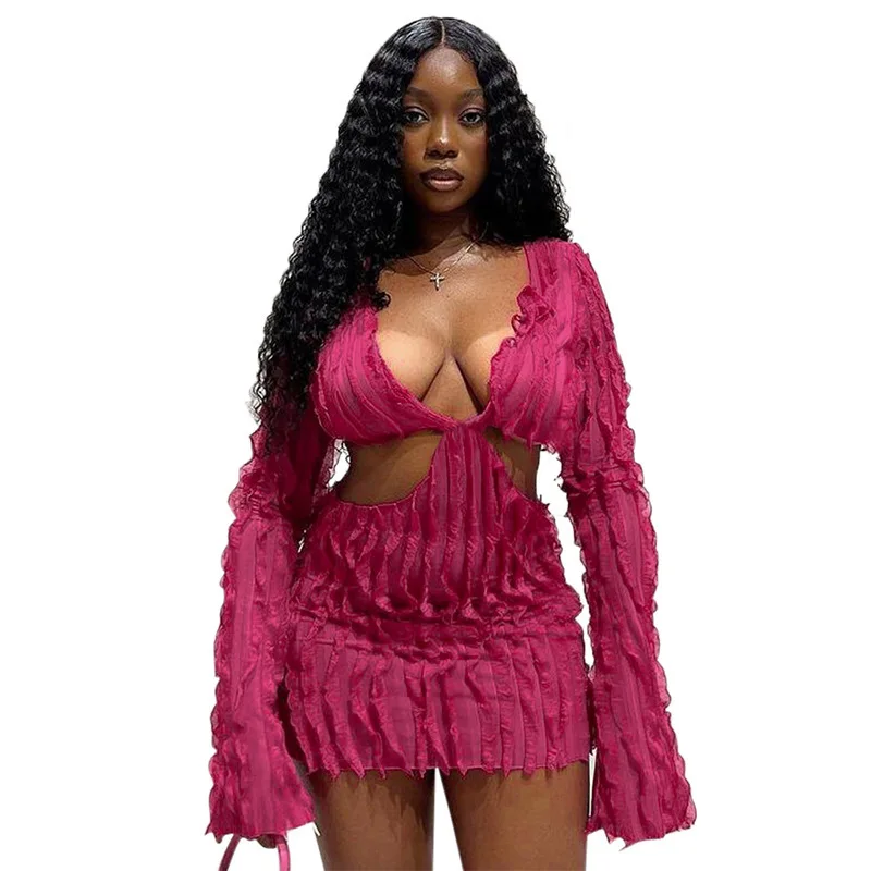 Autumn New Fashion Mesh Wave Pattern Sexy Wrap Hip Dress