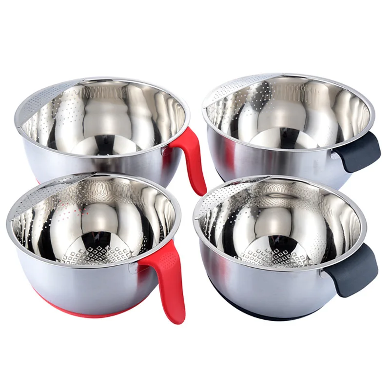 New Style Silicone Steel Bowl Salad Mixing Bowls With Handle Non-skid Stackable Metal Salad Bowl Set