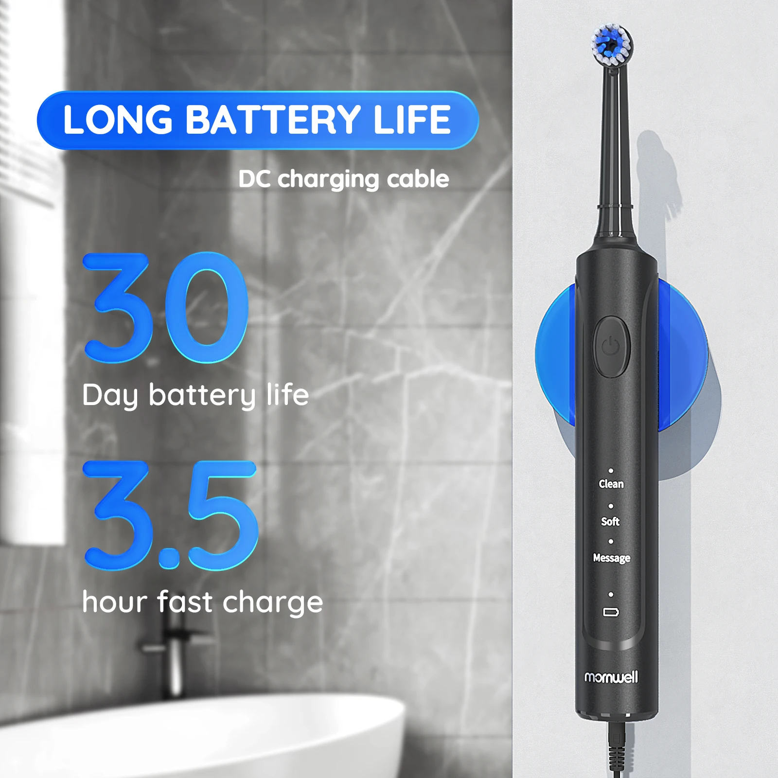 Mornwell Travel Black Rechargeable Oral Whitening B Round Head Rotary Spin 360 Rotating Electric Toothbrush