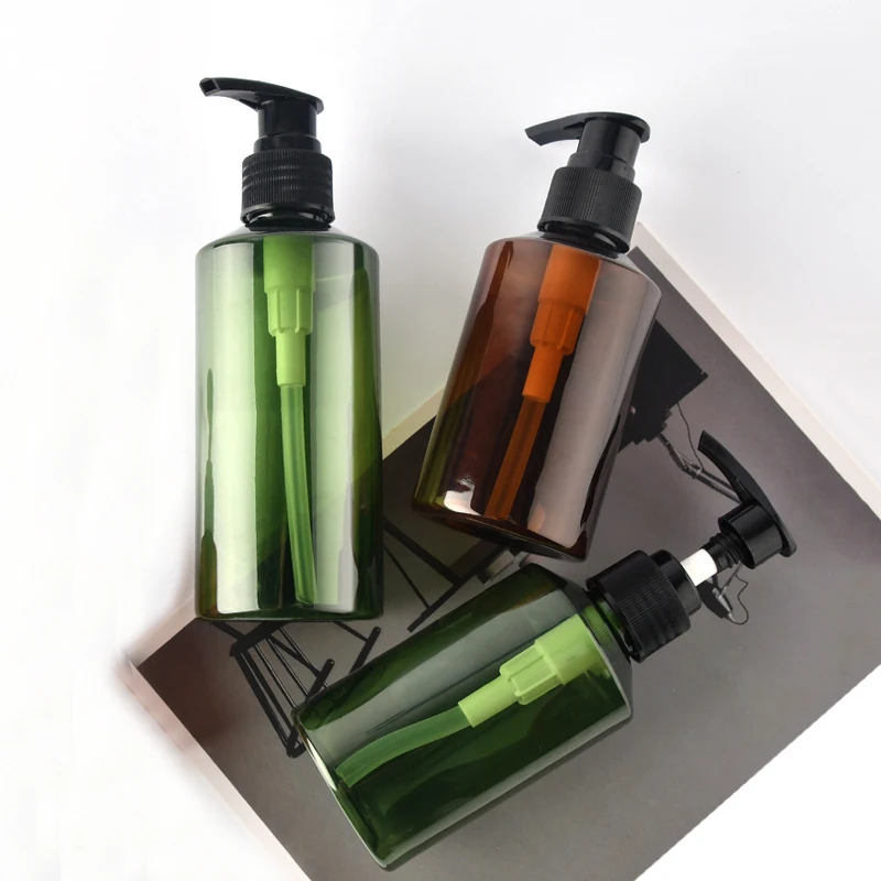 Empty Plastic Oblique Shoulder Amber Green Shampoo Skincare Lotion Bottle With Screw Pump Dispenser Cap 50ml 100ml 150ml 200ml