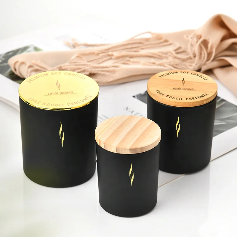 Simple matte white and matte black 6oz 10oz 14oz glass candle jar glass with customized logo and wooden lid