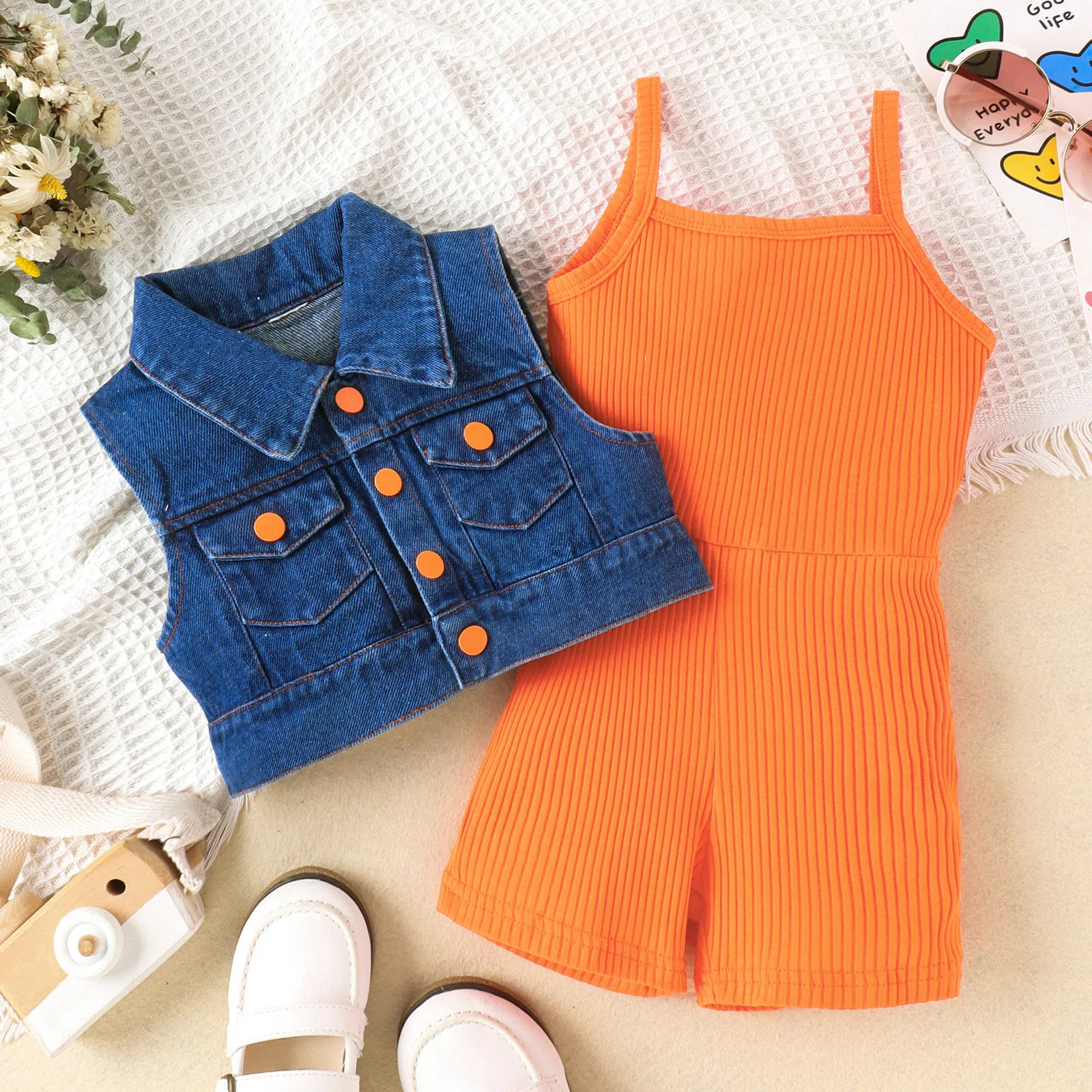 Explosive model Super Fashionable Kids girls clothing Solid color pit strip onesies + denim vests