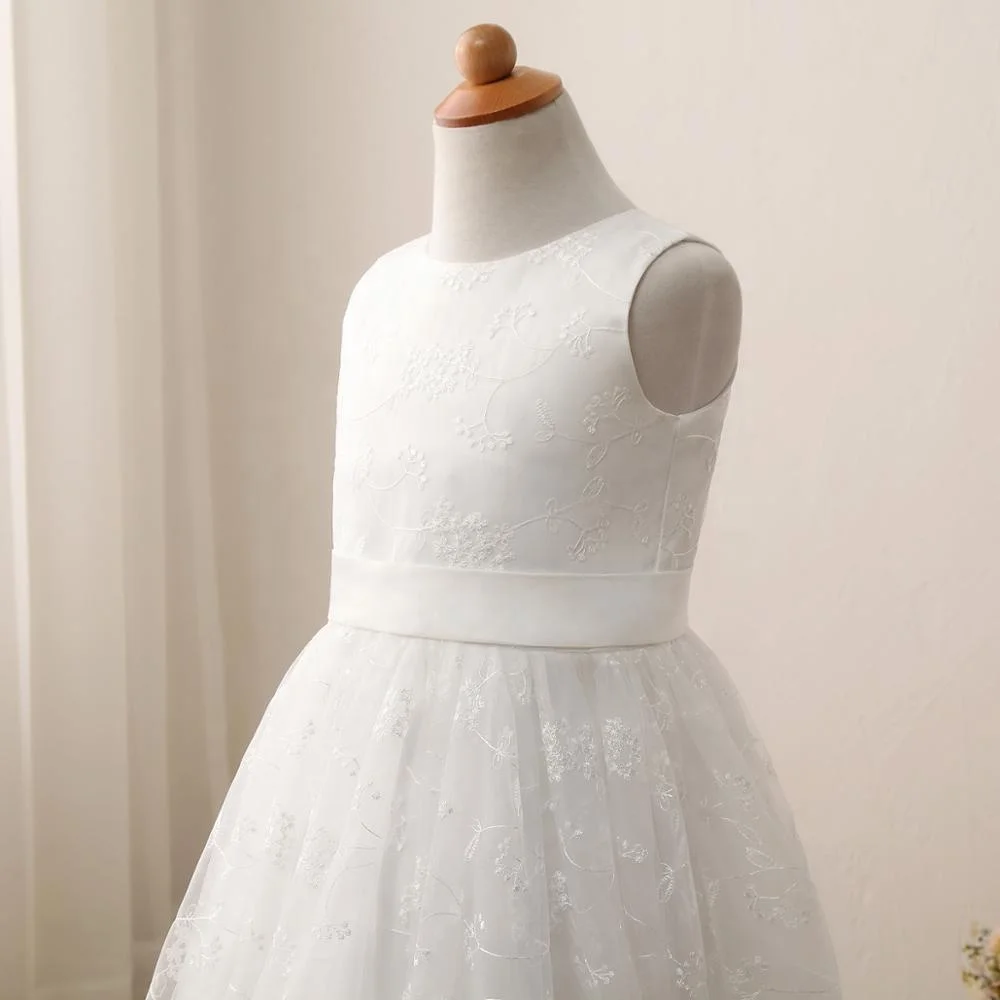 hot seller A line lace flower girl dress for wedding communion white dress