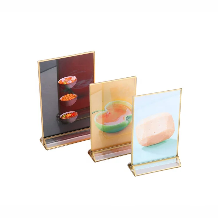 Custom table top gold border frame 4x6 5x7 8.5 x 11 menu display stand acrylic sign holder