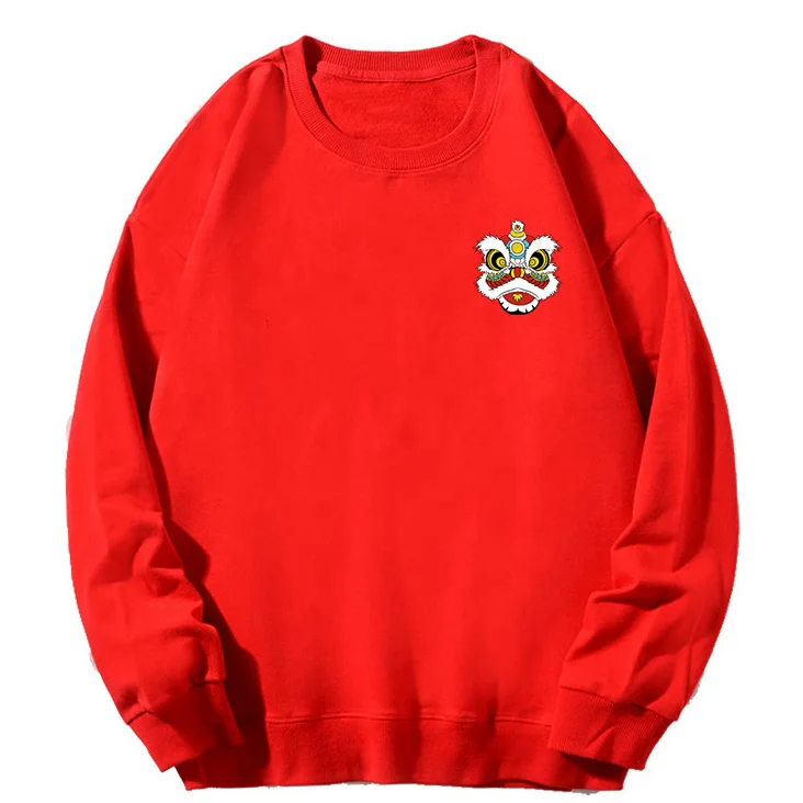 Wholesale Men Hoody Pullover Crew Neck Sweatshirt Lion Dance Pattern Embroidered Hoodies