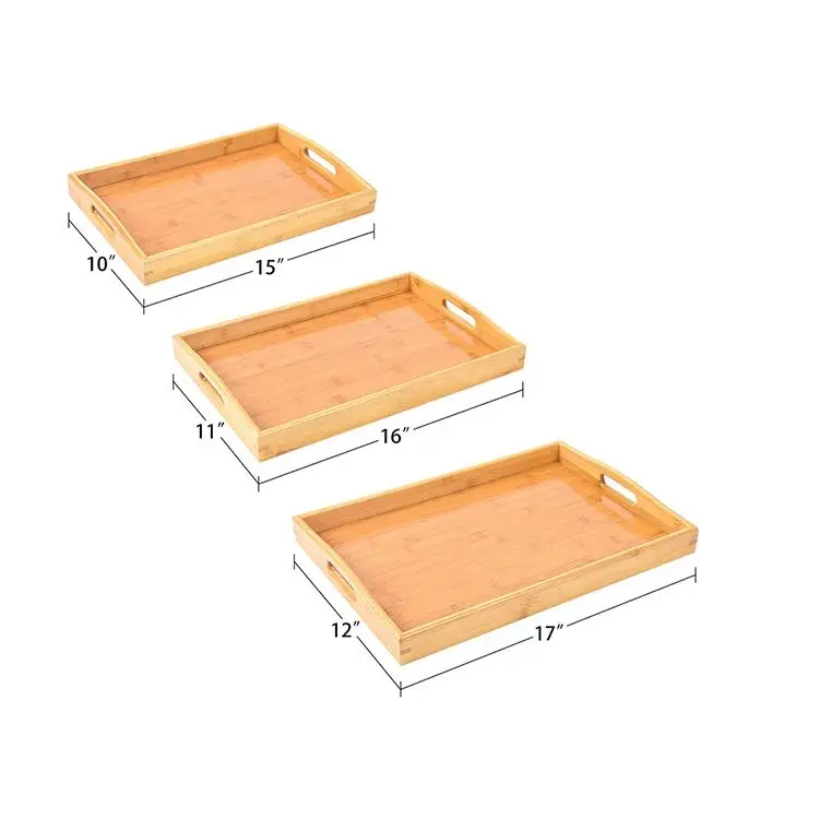 Set of 3 pieces natural bamboo and wood desktop display multi-purpose food tea bar rectangle wooden tray