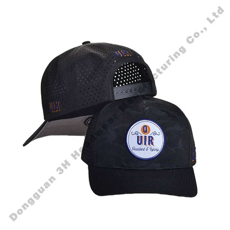 Wholesale 5 Panel Performance Perforated Sports Cap with Patches Custom Embroidery Logo Laser Cut Hole Dad Hats Baseball Cap