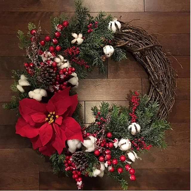 Ammy Christmas Pine Snow Garland Wreath Xmas Hanging Decor Ornament With Red Bow