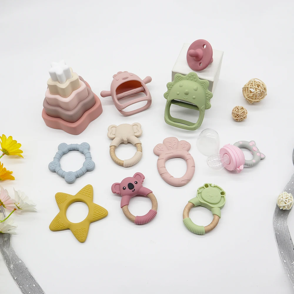 Новинка, оптовая продажа, сенсорный производитель, соска-Кормушка, животные, деревянные кольца, гвоздики, Детские Прорезыватели для зубов, силиконовые игрушки для прорезывания зубов